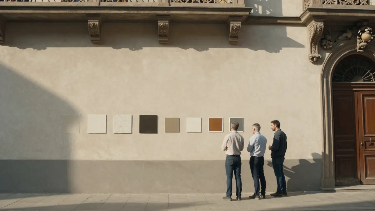 Verschiedene Putzmuster an einer Gebäudefassade zur Farbabstimmung.