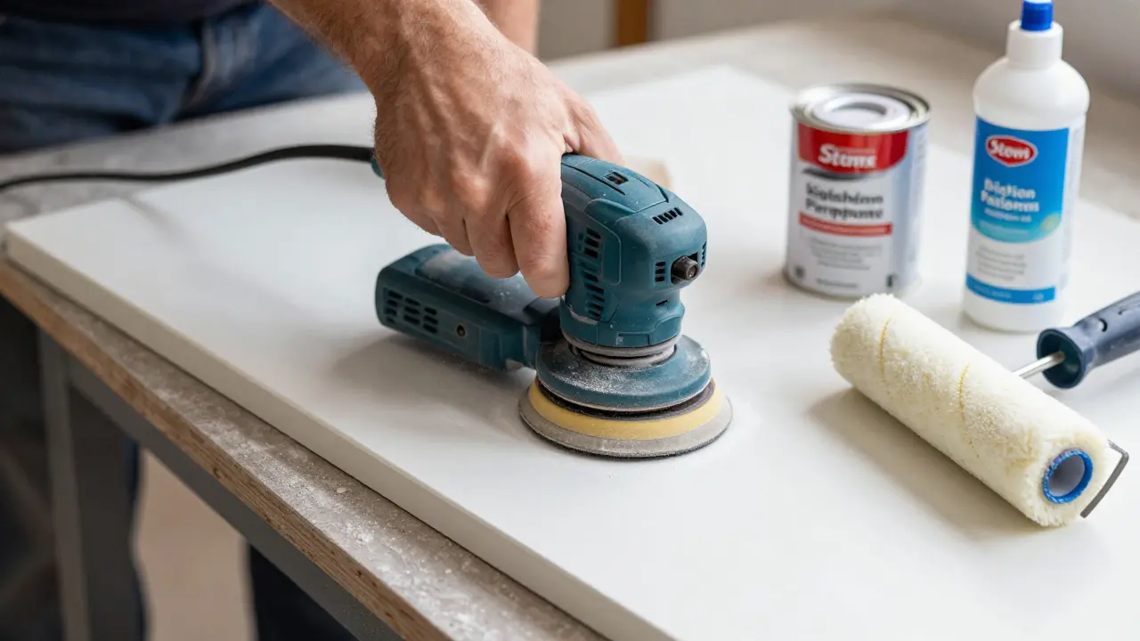 Vorbereitung einer Küchenfront mit Schleifmaschine, Grundierung und Schaumstoffrolle.