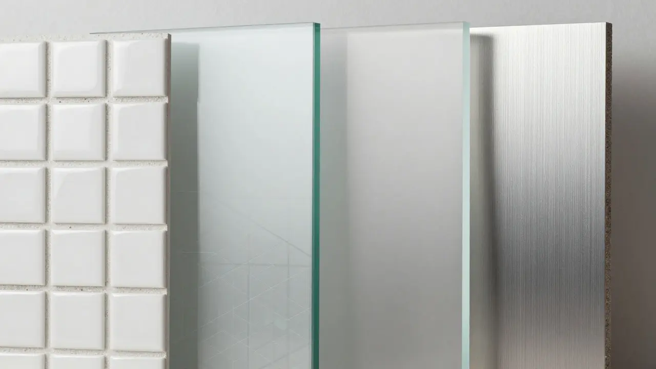 Detailaufnahme verschiedener Küchenrückwände: Fliesen, Glas, Acryl und Aluminium