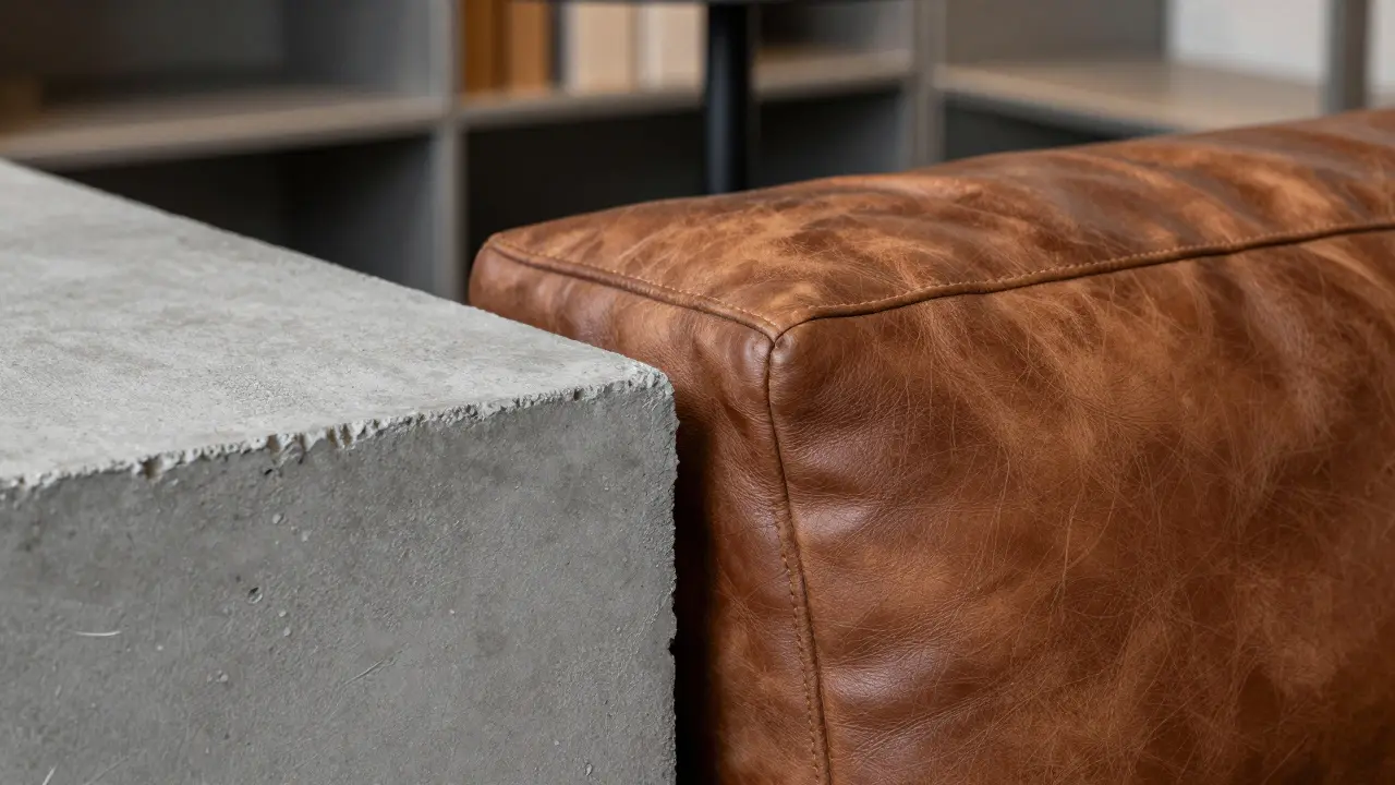 Detailaufnahme von rauer Betonstruktur und braunem Leder