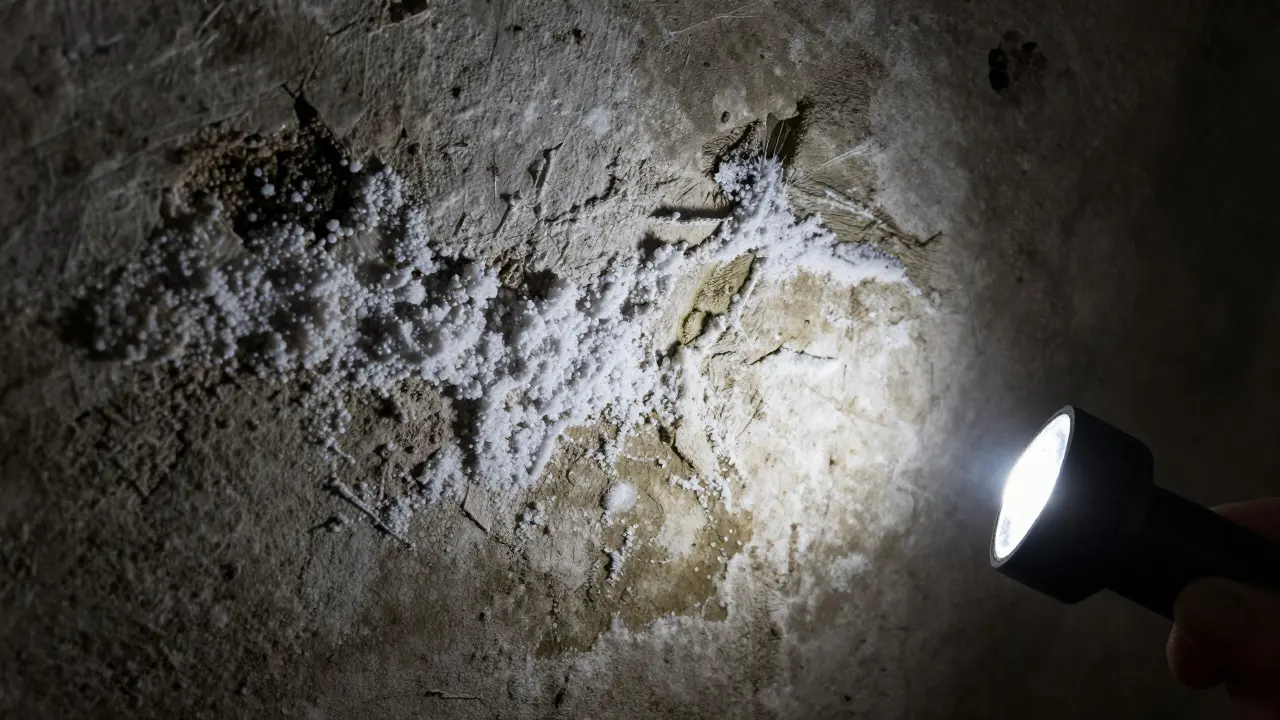 Feuchte Kellerwand mit Salpeterflecken im Lichtstrahl