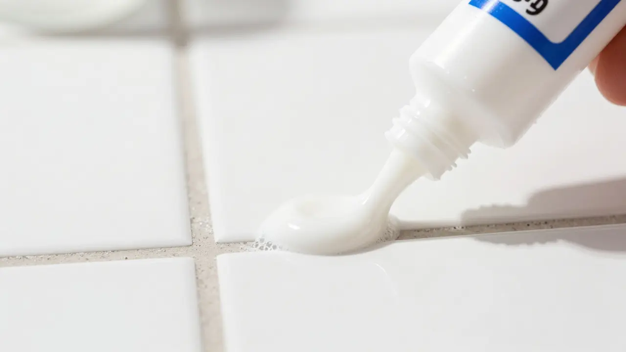 Frisch aufgetragene und geglättete Silikonfuge zwischen weißen Fliesen
