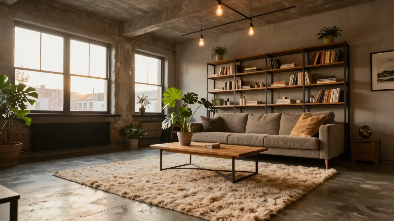 Gemütliches Industrie-Loft mit Teppich, Pflanzen und Metallregalen