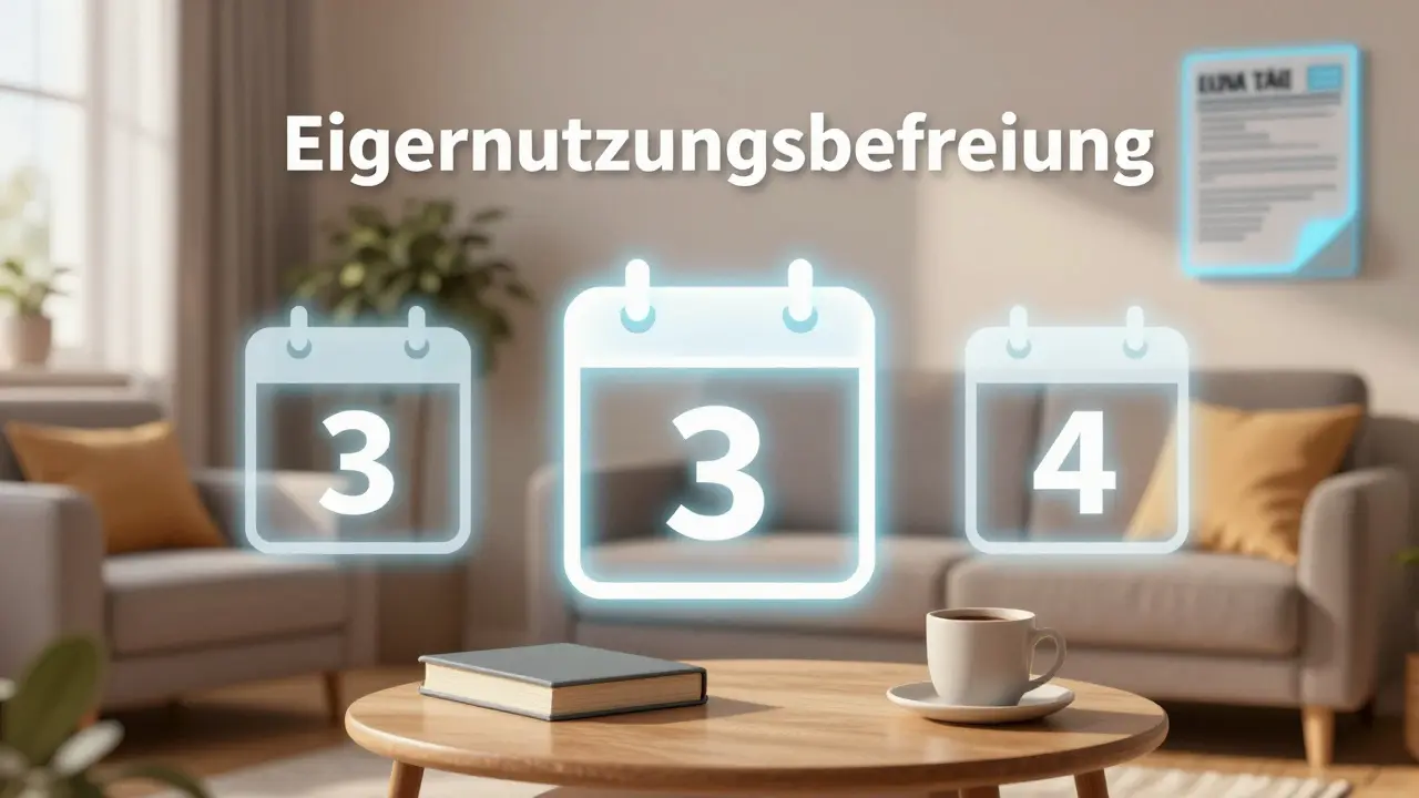 Gemütliches Wohnzimmer mit Symbolen für die Eigennutzungsbefreiung