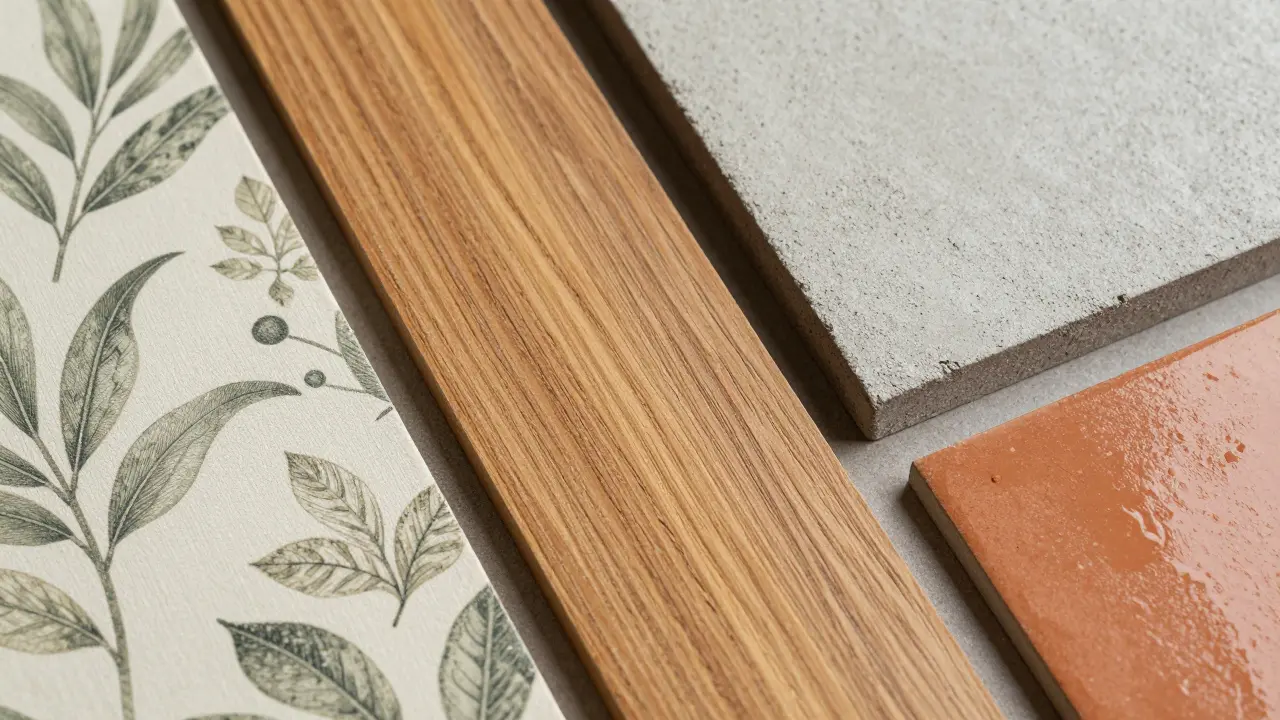 Nahaufnahme von Tapete, Holz und Fliesen-Materialien