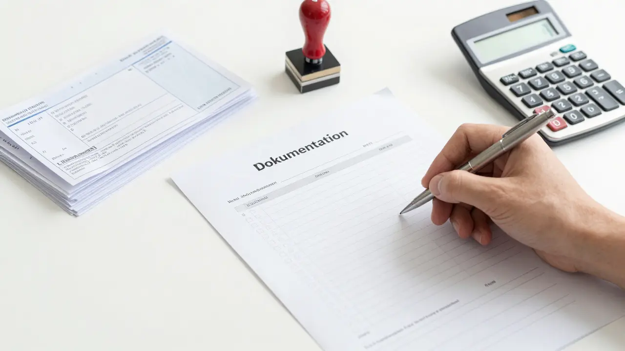 Ordentlicher Schreibtisch mit Dokumenten und Kalkulationstools
