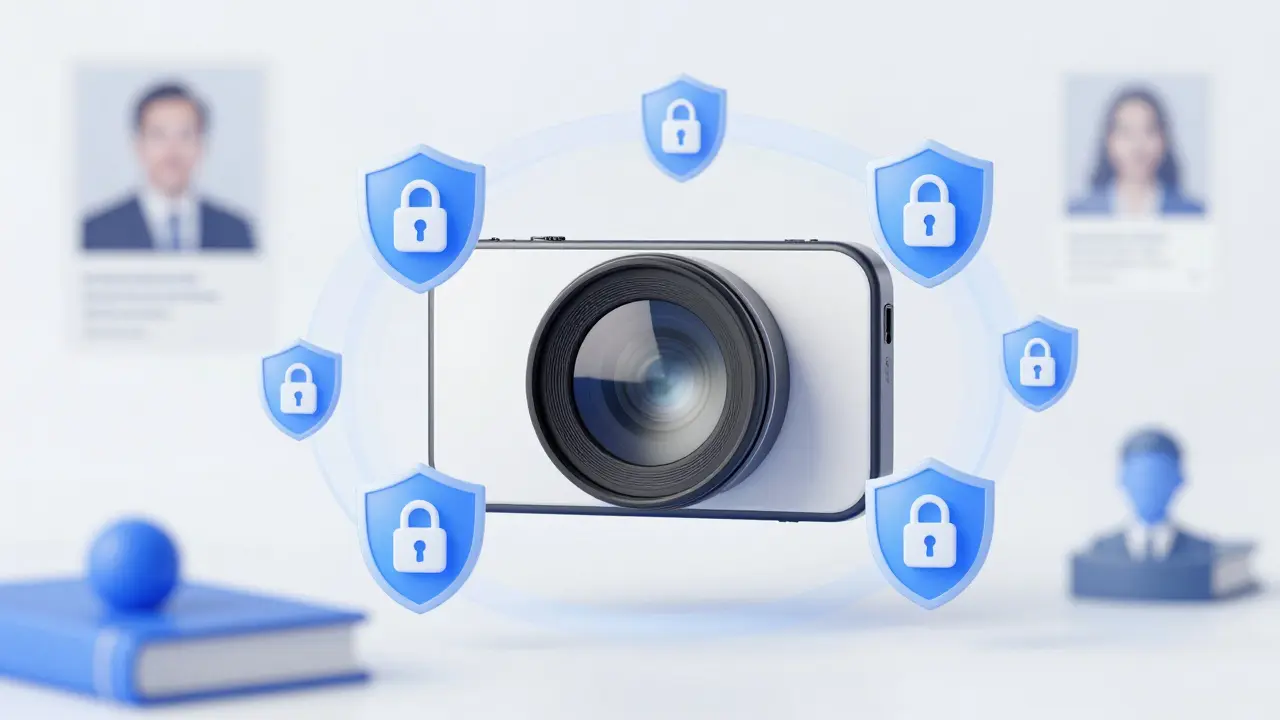 Smartphone-Kamera mit digitalen Privatsphäre-Symbolen und unklaren persönlichen Gegenständen