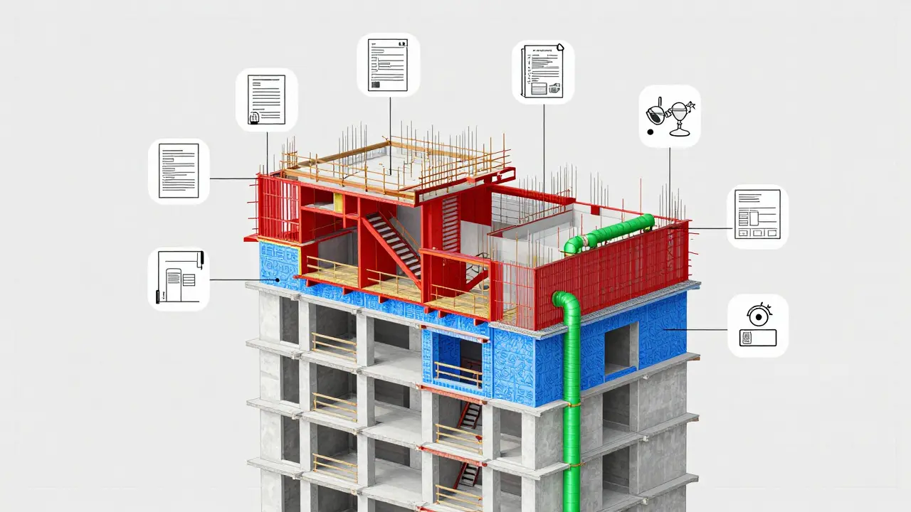 Technische Schemata zeigen Brandschutz und Schallschutz bei der Umnutzung von Immobilien.